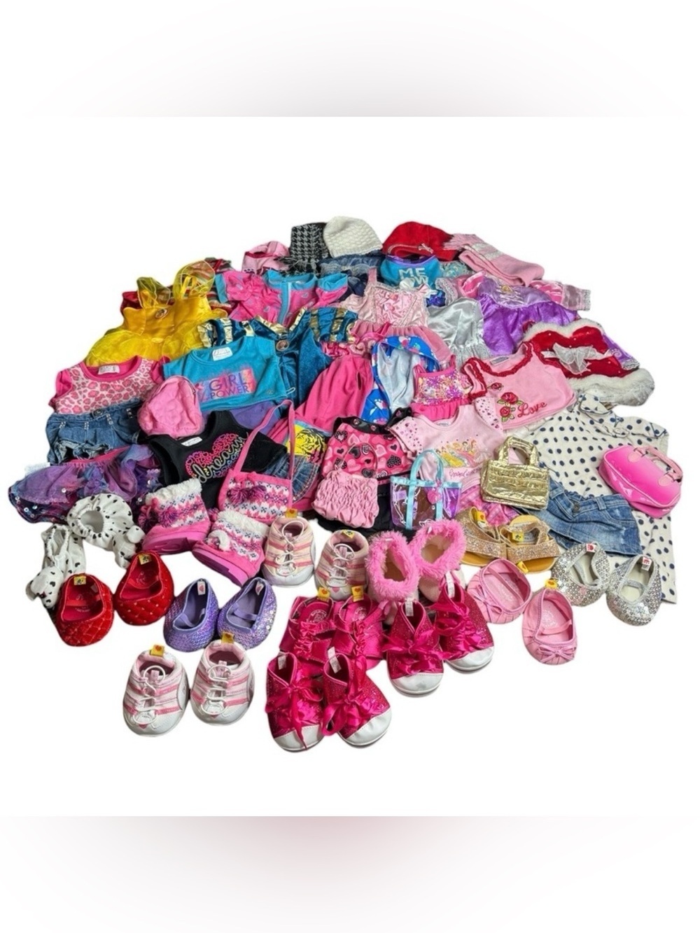 54 Piece Clothing Lot of Build a Bear Outfits and Accessories and 15 Hangers